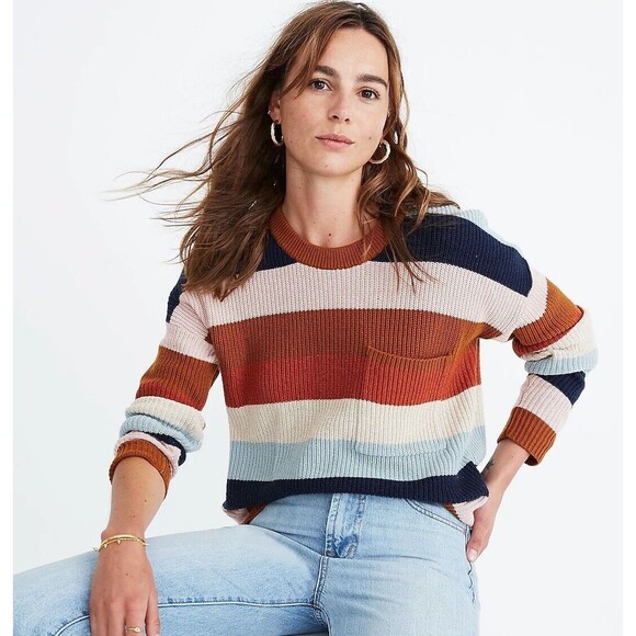 Madewell Sweaters - Madewell Pullover Sweater XS Pocket Rainbow Stripe Thompson Hi Low Fawn Boxy